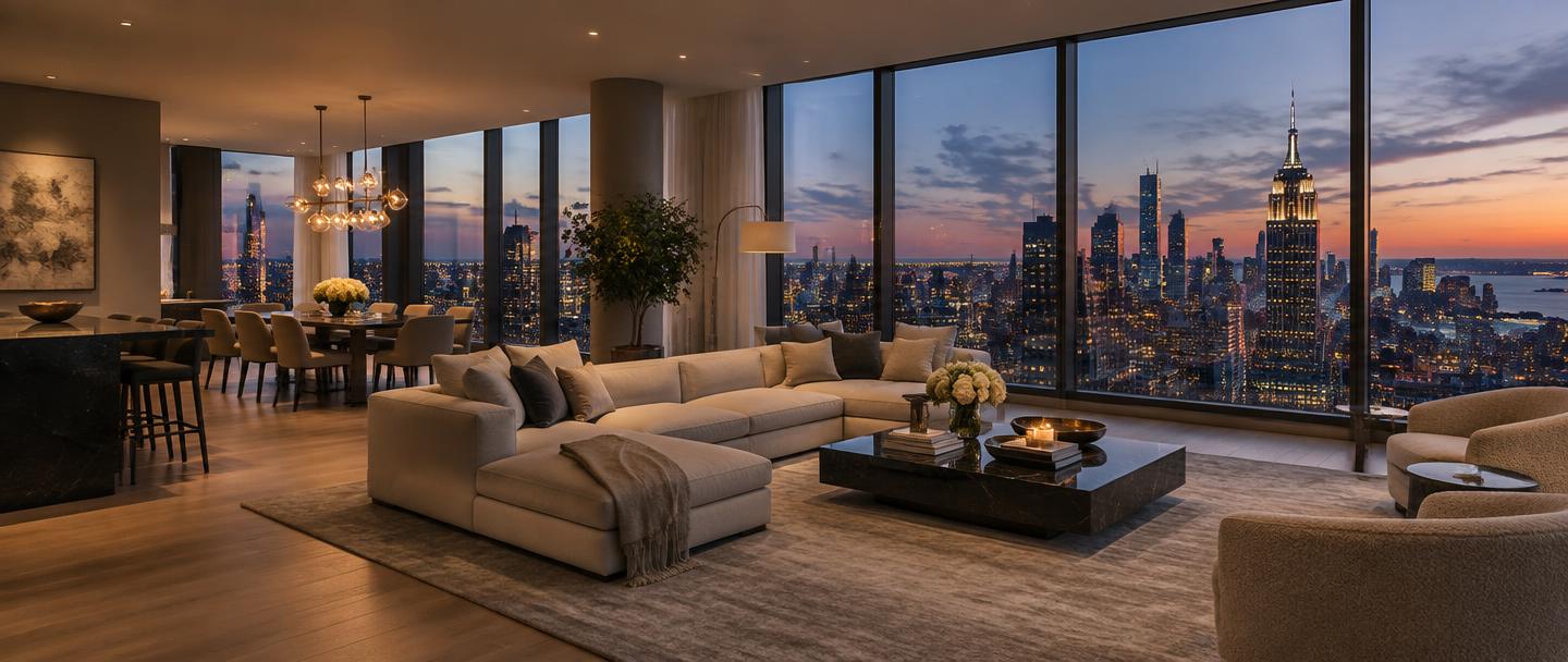 Luxury Manhattan penthouse living room at dusk overlooking the New York City skyline